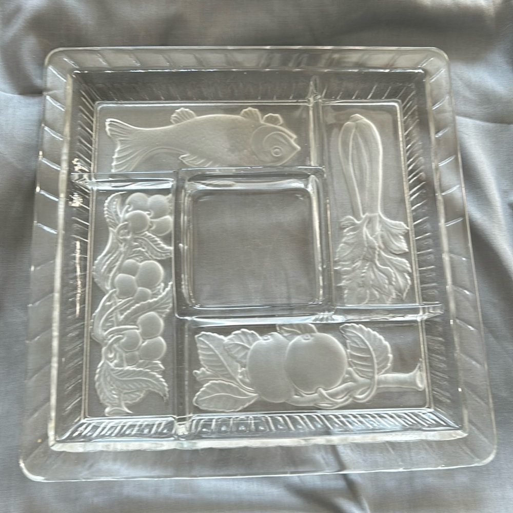Glass Serving Dish 5 Compartments Heavy Plate w/Divided Areas Frosted Images - Picture 2 of 6